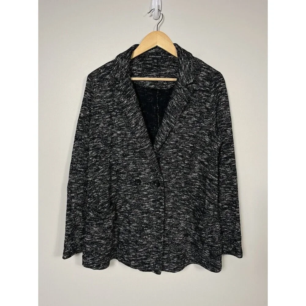 EILEEN FISHER Sweater Blazer Women M Black Double Breasted Organic Cotton Pocket